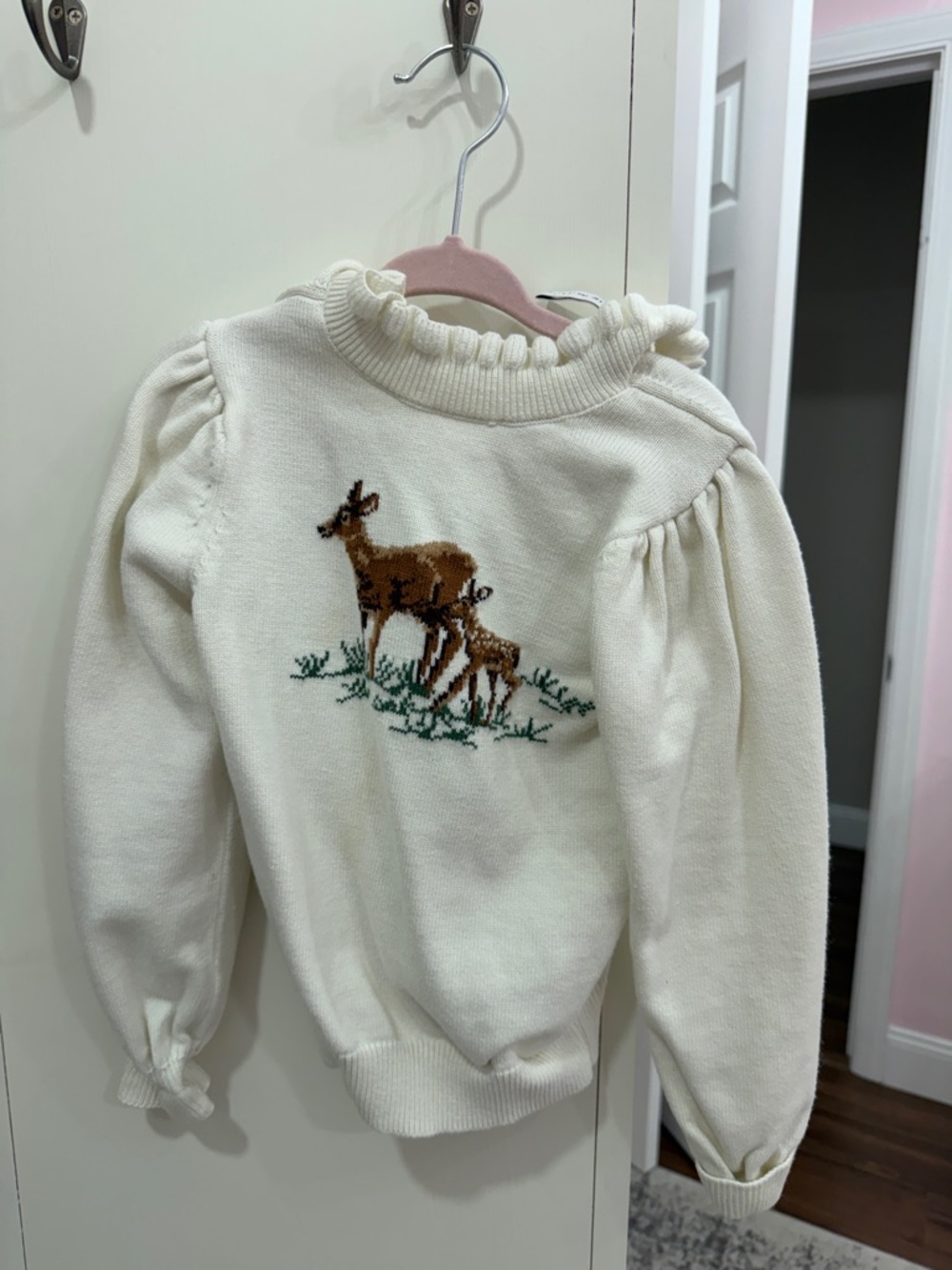 Janie and Jack Cream Ruffled Mock-Neck Sweater with Deer Motif